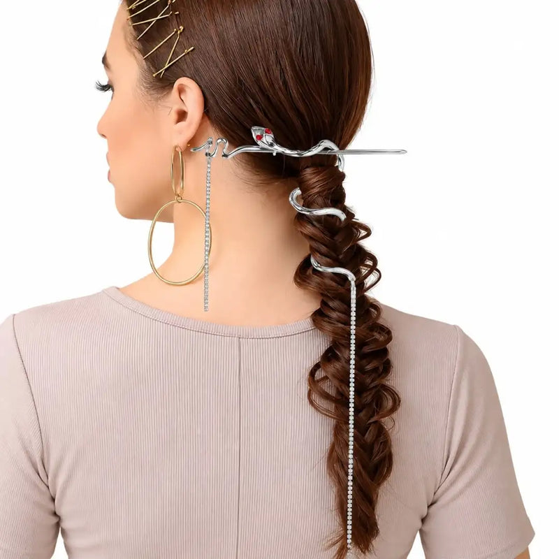Striking silver snake hairpin with winding serpentine body and rhinestone tassel chains on Spotngrab Lebanon.