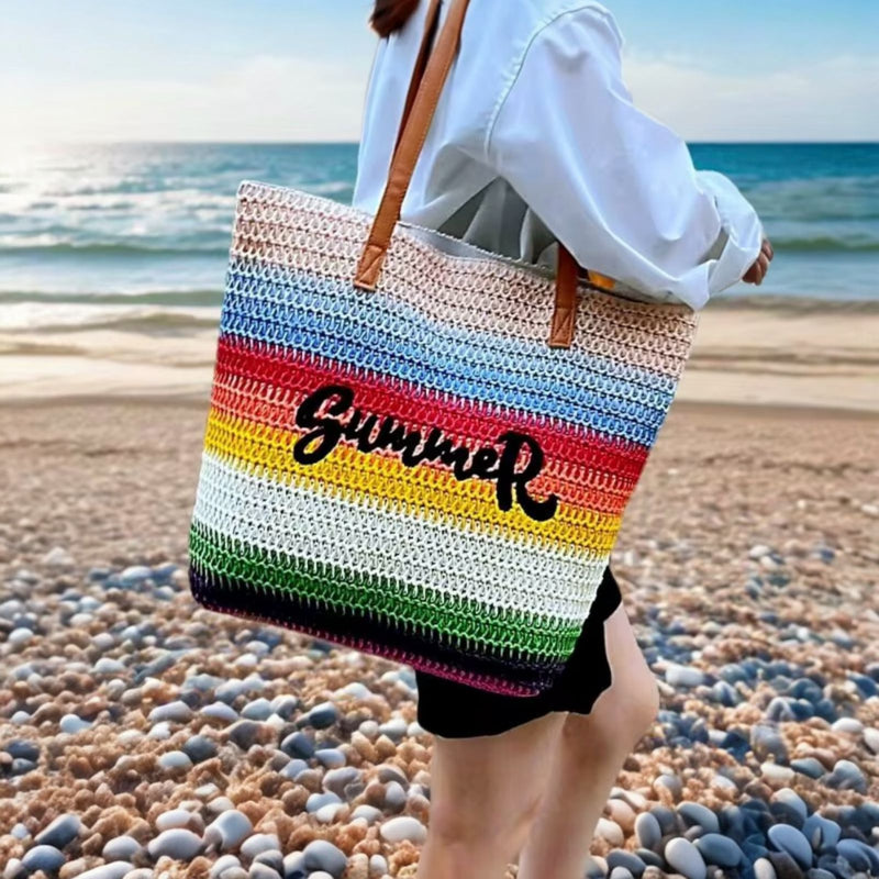 Colorful Rainbow Striped Straw Beach Tote Bag – Women’s Summer Bag