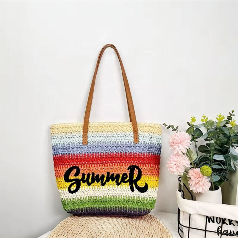Colorful Rainbow Striped Straw Beach Tote Bag – Women’s Summer Bag
