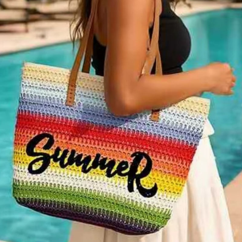 Colorful Rainbow Striped Straw Beach Tote Bag – Women’s Summer Bag