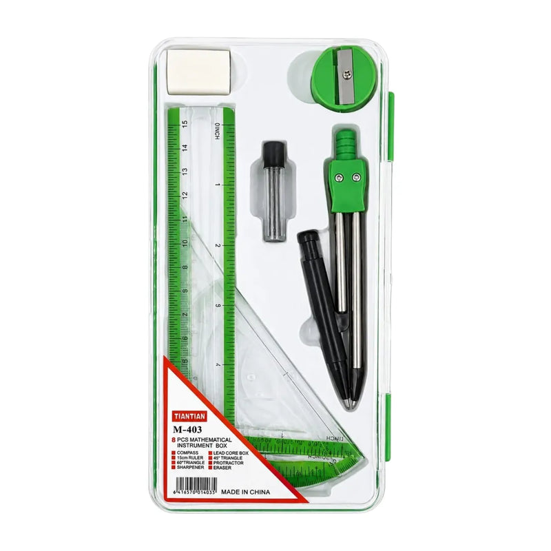 Tiantian M-403 geometry set mathematical instrument box green color displayed with all 8 tools inside its protective case on Spotngrab Lebanon.