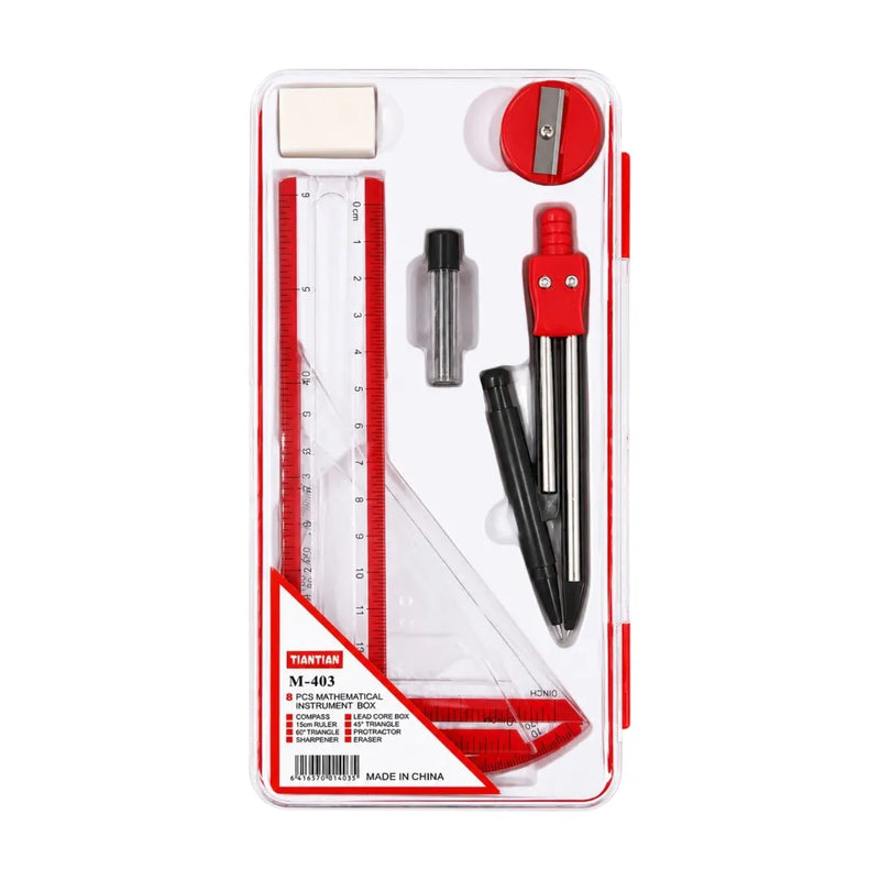 Tiantian M-403 geometry set mathematical instrument box red color displayed with all 8 tools inside its protective case on Spotngrab Lebanon.