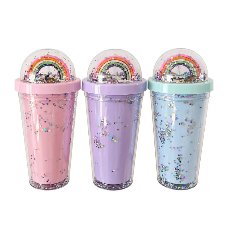 Rainbow glitter tumblers in blue, pink and purple
