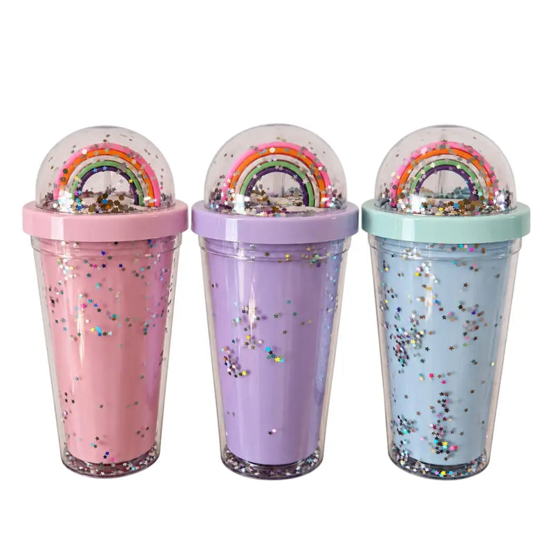 Double-walled rainbow glitter tumblers with 3D dome lids in blue, pink and purple on SpotNGrab Lebanon