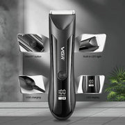 Man using VGR V-951 trimmer for body grooming with precision ceramic blades.
