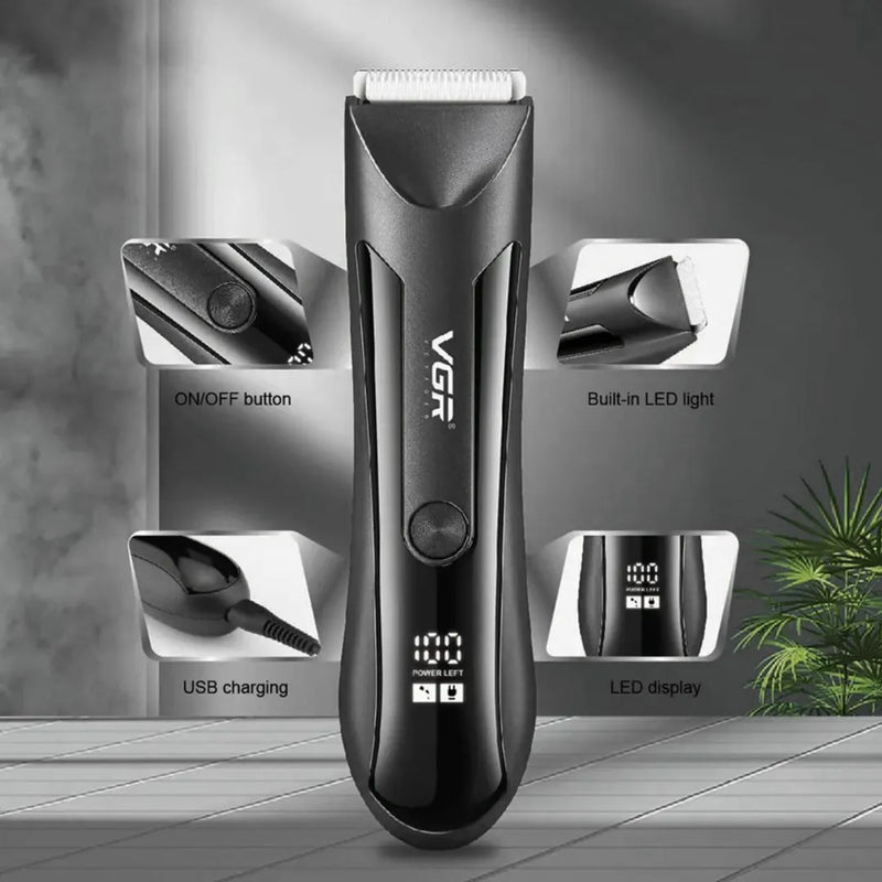 Man using VGR V-951 trimmer for body grooming with precision ceramic blades.
