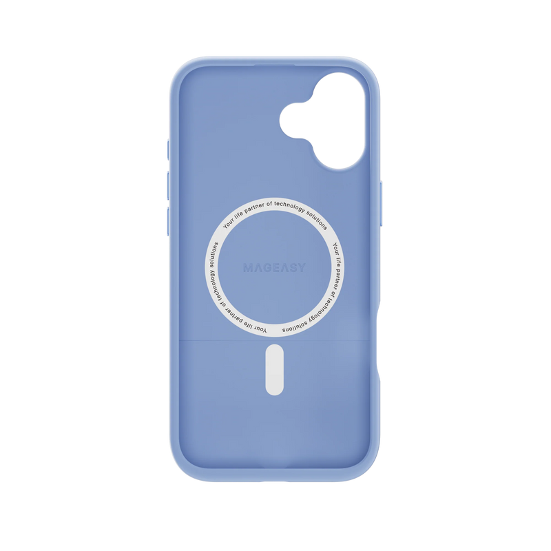 A vibrant blue Mageasy Vibrant M shockproof protective case is shown on a 2024 iPhone 16.