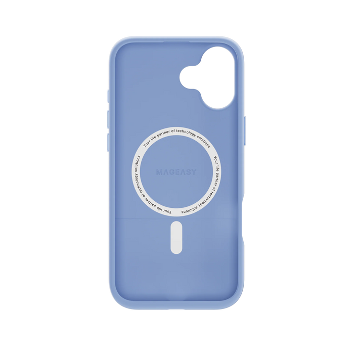 A vibrant blue Mageasy Vibrant M shockproof protective case is shown on a 2024 iPhone 16.