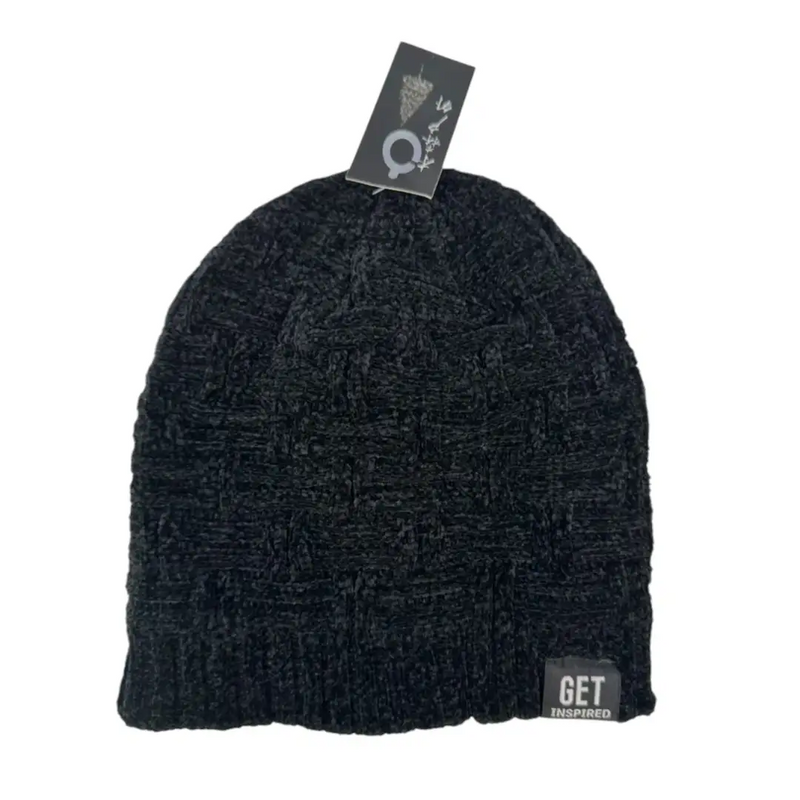 Unisex black textured cable knit winter beanie with GET INSPIRED tag on SpotNGrab Lebanon