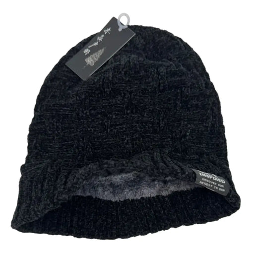 Unisex black textured cable knit winter beanie with GET INSPIRED tag on SpotNGrab Lebanon