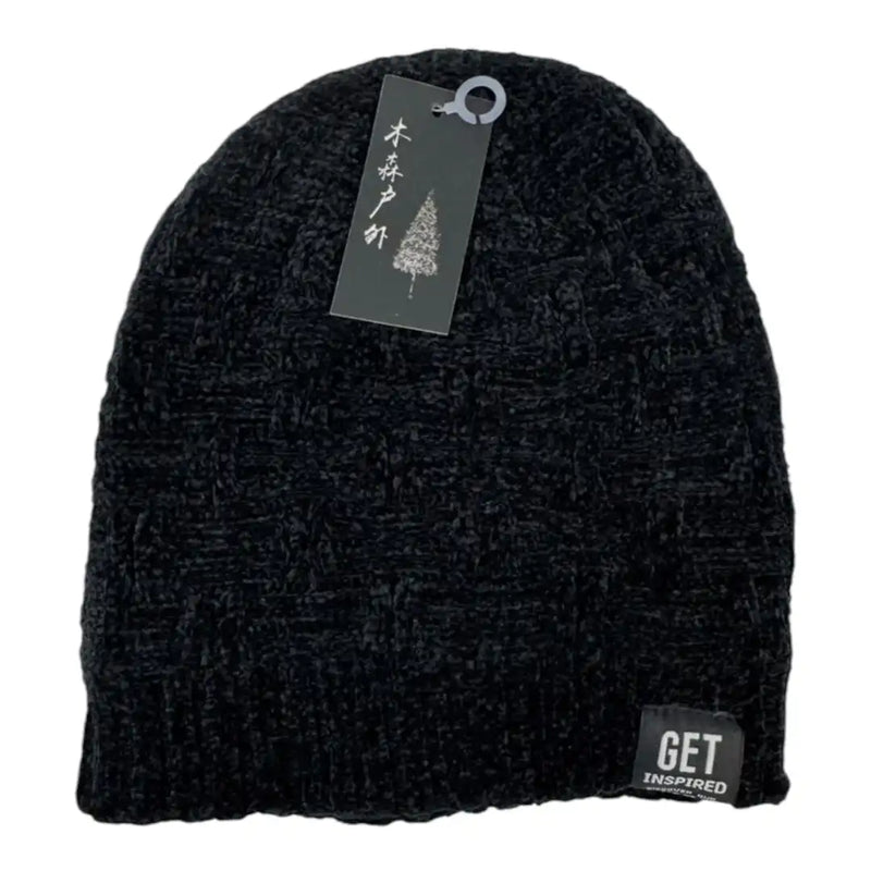 Unisex black textured cable knit winter beanie with GET INSPIRED tag on SpotNGrab Lebanon