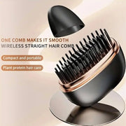 JY-602 USB-rechargeable wireless hair straightening brush in matte black and rose gold with protective cap on Spotngrab Lebanon.