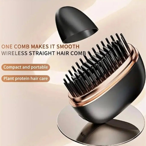 JY-602 USB-rechargeable wireless hair straightening brush in matte black and rose gold with protective cap on Spotngrab Lebanon.