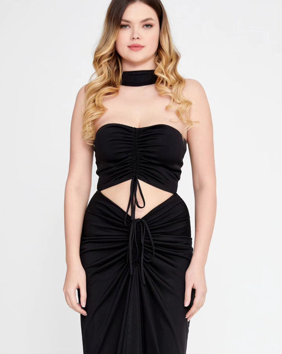 Women's Black Cut-out Crêpe-georgette Strapless Maxi