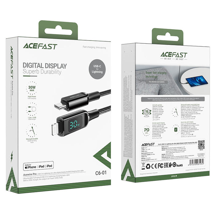 Acefast C6-01 كابل بيانات شحن مضفر USB-C-To-Lightning مع شاشة رقمية