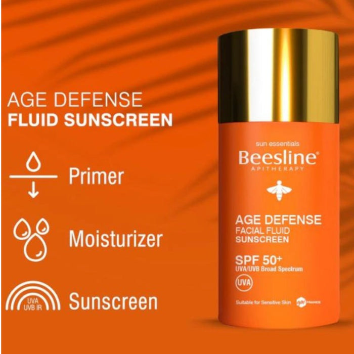 Beesline Age Defense Fluid SPF 50 for sun protection and anti-aging with matte finish