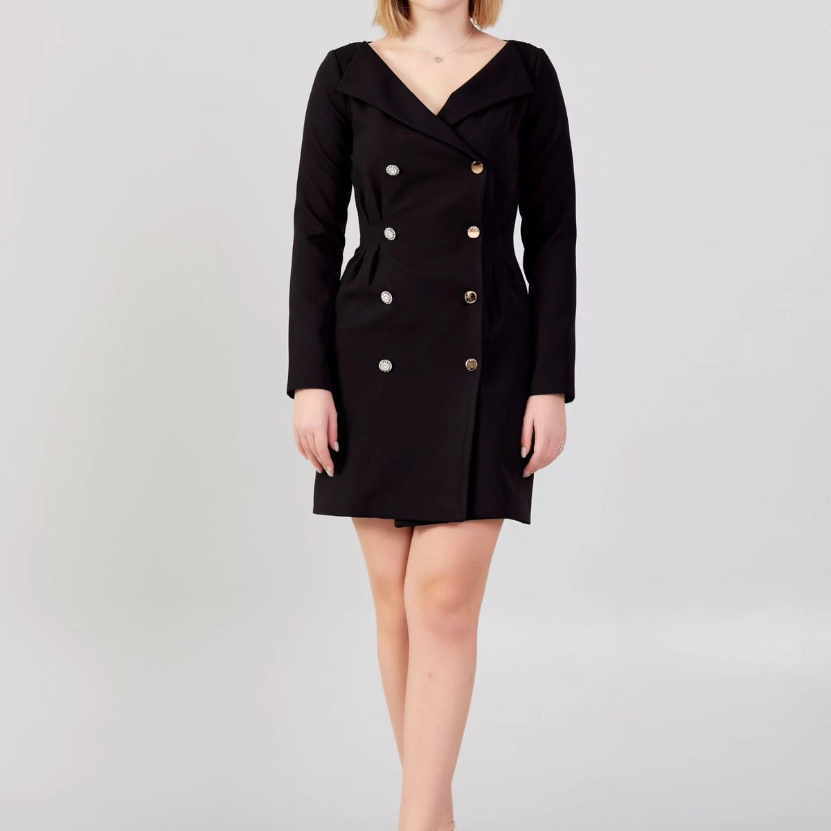 Black Blazer Mini Dress with Gold Buttons — SpotNGrab
