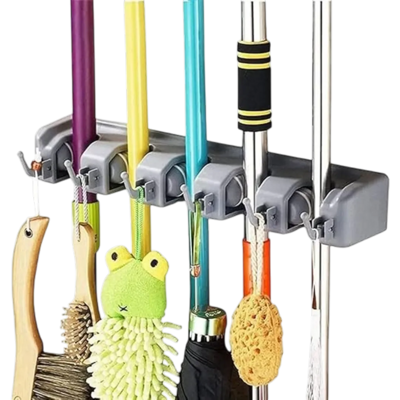 Gray wall-mounted organizer holding various cleaning tools including brooms and scrubbers.