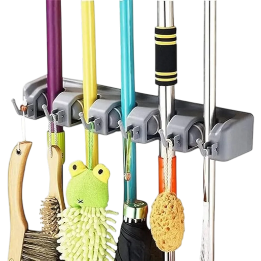 Gray wall-mounted organizer holding various cleaning tools including brooms and scrubbers.