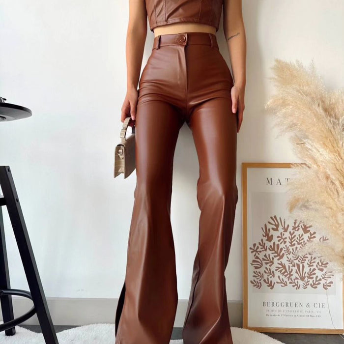 Brown Leather Crop Top Paired With Spanish-Style Leather Pants