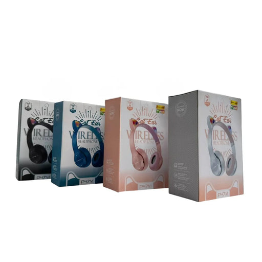 Four retail packages of P47M cat ear wireless headphones in black, blue, pink, and grey-white color options lined up on Spotngrab Lebanon.