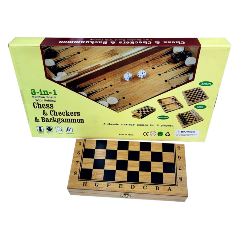 3-in-1 wooden board game set featuring chess pieces arranged on an inlaid checkerboard on Spotngrab Lebanon.