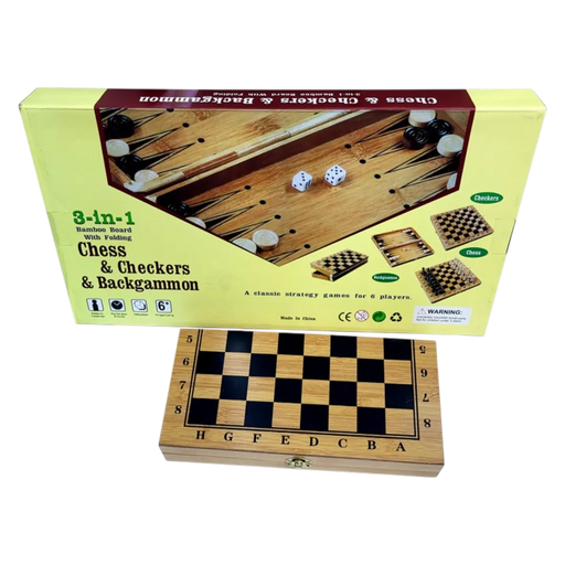 3-in-1 wooden board game set featuring chess pieces arranged on an inlaid checkerboard on Spotngrab Lebanon.