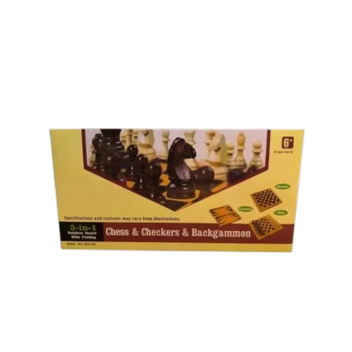 3-in-1 wooden board game set featuring chess pieces arranged on an inlaid checkerboard on Spotngrab Lebanon.