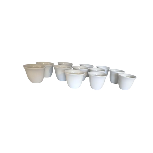 12-piece white porcelain chaffe coffee cup set without saucers neatly stacked on Spotngrab Lebanon.