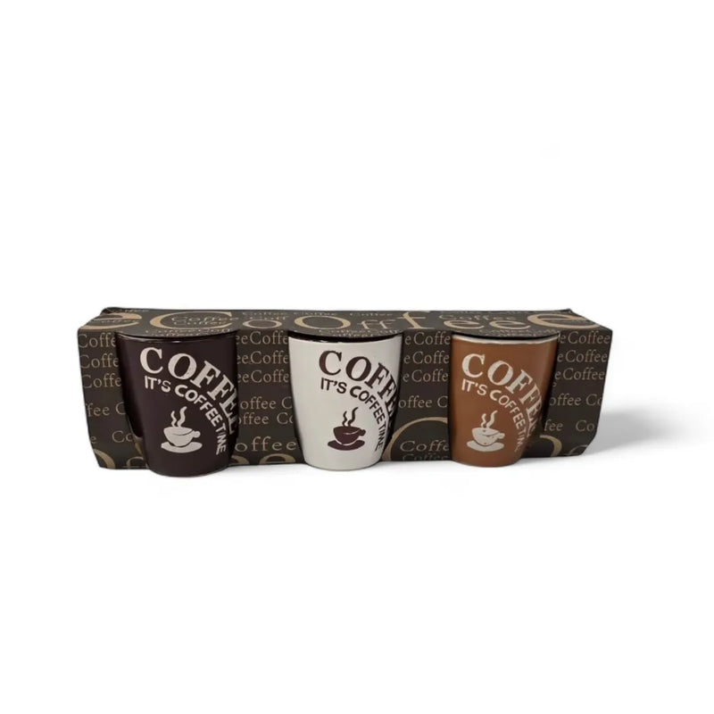 3-piece porcelain mug set with "Coffee Time" printed design.