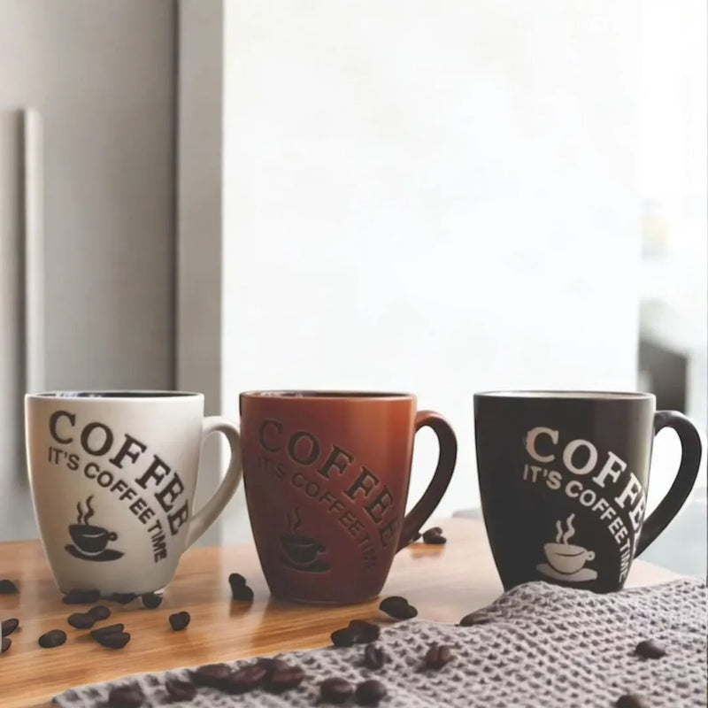 3-piece porcelain mug set with "Coffee Time" printed design.