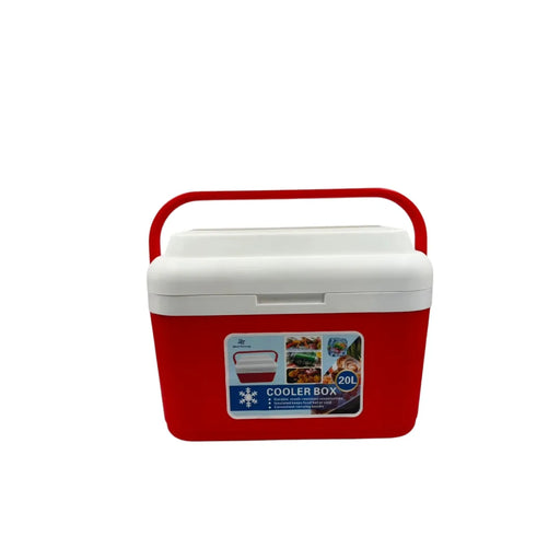 A front view of a red 20-liter outdoor cooler box with a white insulated lid and a sturdy red carrying handle on Spotngrab Lebanon.