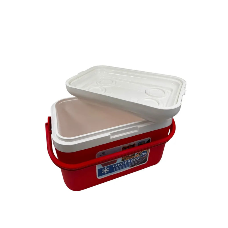 A top view of a red 20-liter outdoor cooler box with a white insulated lid and a sturdy red carrying handle on Spotngrab Lebanon.