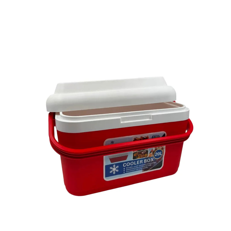 A front view of a red 20-liter outdoor cooler box with a white insulated lid and a sturdy red carrying handle on Spotngrab Lebanon.