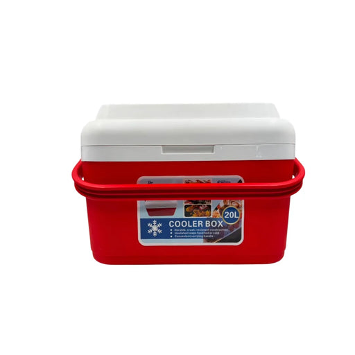 A front view of a red 20-liter outdoor cooler box with a white insulated lid and a sturdy red carrying handle on Spotngrab Lebanon.