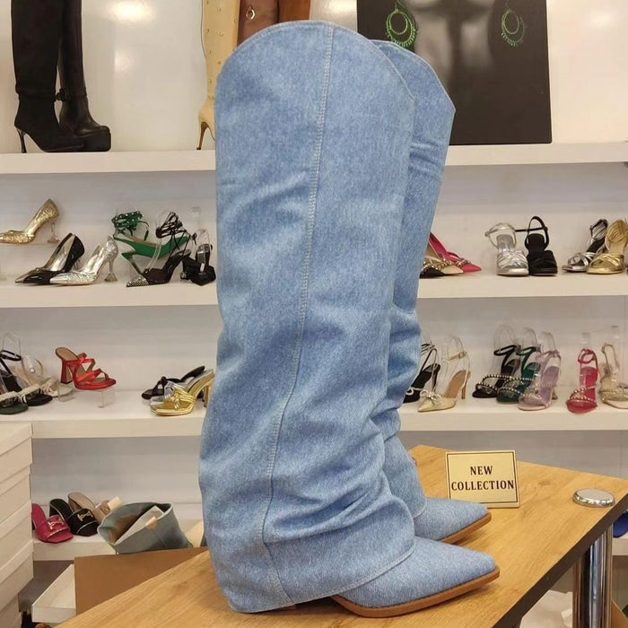 Denim cowboy heeled boots