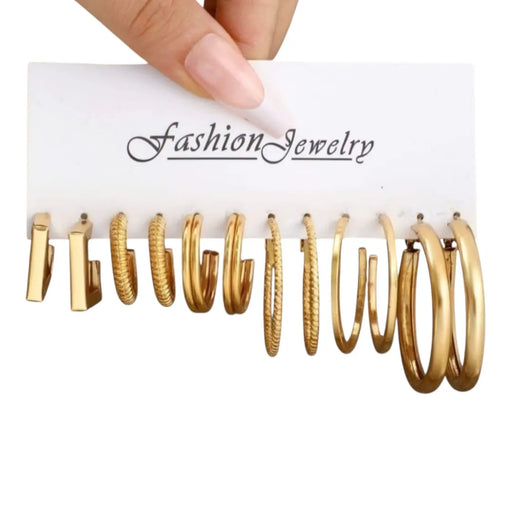 Set of 6 pairs of gold metal square and round hoop earrings.