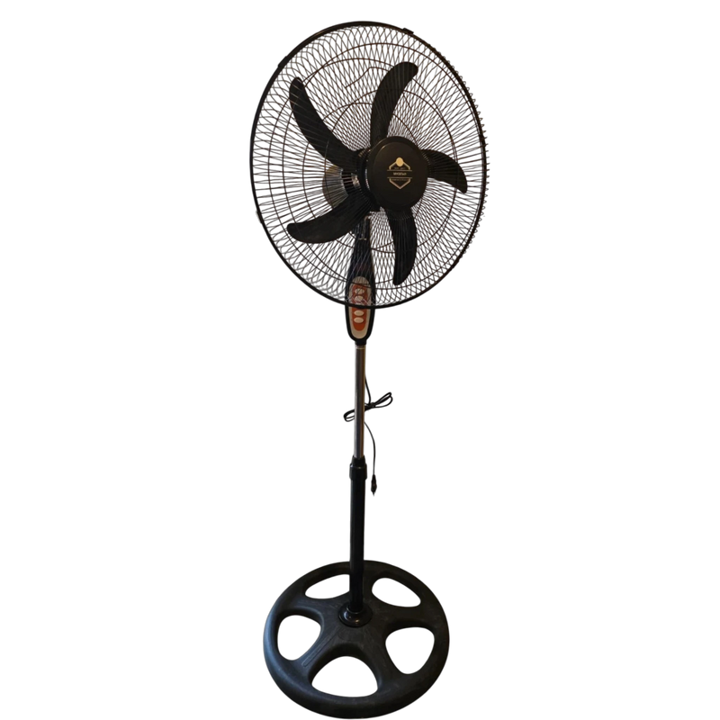 Sleek matte black 18-inch electric standing fan featuring 5 aerodynamic blades and a protective mesh safety wire grill on Spotngrab Lebanon.