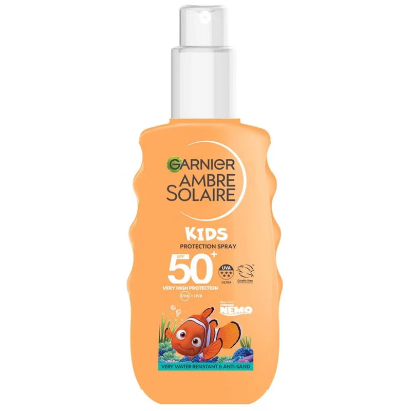 Garnier Ambre Solaire Sensitive Advanced Sun Spray SPF 50 150ml white bottle with a clear overcap on Spotngrab Lebanon.