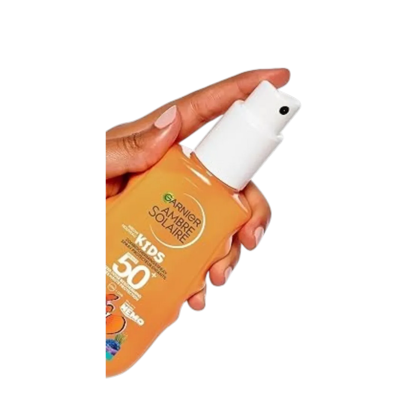Garnier Ambre Solaire Sensitive Advanced Sun Spray SPF 50 150ml white bottle with a clear overcap on Spotngrab Lebanon.