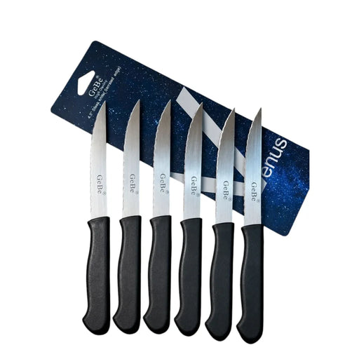 A retail package of six GeBe brand 4.5-inch stainless steel steak knives featuring black textured handles and sharp serrated blades on Spotngrab Lebanon.