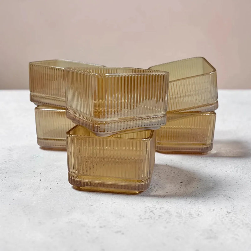 Square Retro Ribbed Amber Glass Bowl Set (Box of 6) | Spotngrab