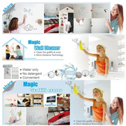 Magic sponge removing kids drawings and graffiti from wall