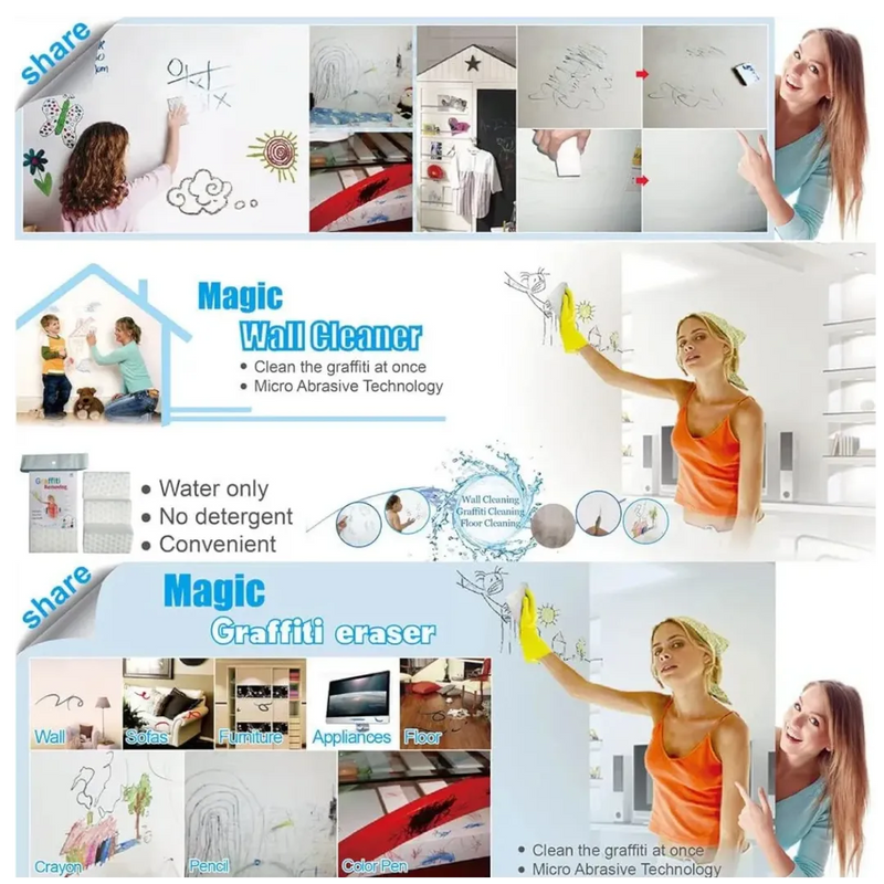 Magic sponge removing kids drawings and graffiti from wall