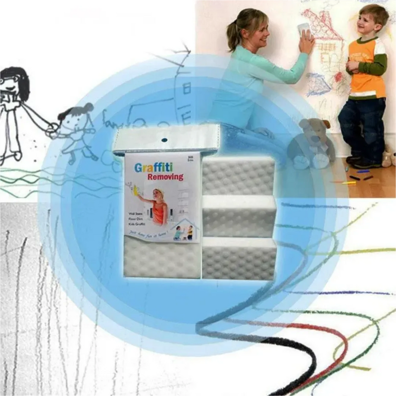 Magic sponge removing kids drawings and graffiti from wall