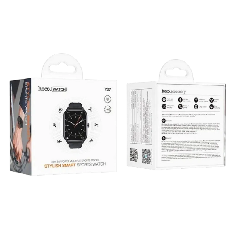 Hoco smartwatch packaging with front and back views on a white background