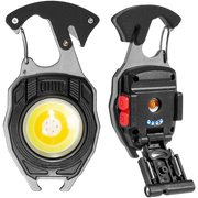 Multi-purpose rechargeable LED emergency keychain light displaying the bright flood beam and integrated tool attachments on Spotngrab Lebanon