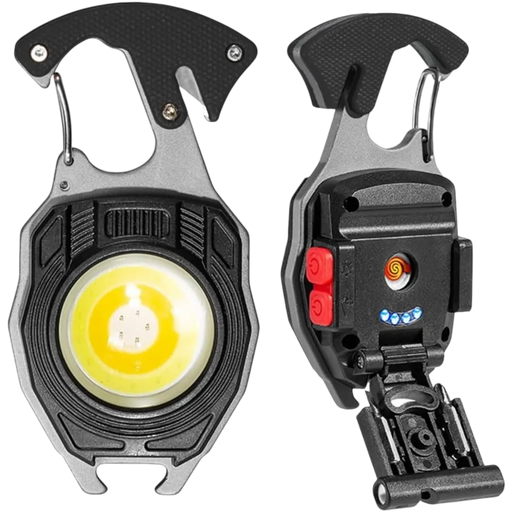 Multi-purpose rechargeable LED emergency keychain light displaying the bright flood beam and integrated tool attachments on Spotngrab Lebanon