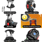 Close-up of the window breaker hammer, safety whistle, and screwdriver bits on a tactical keychain flashlight at spotngrab Lebanon