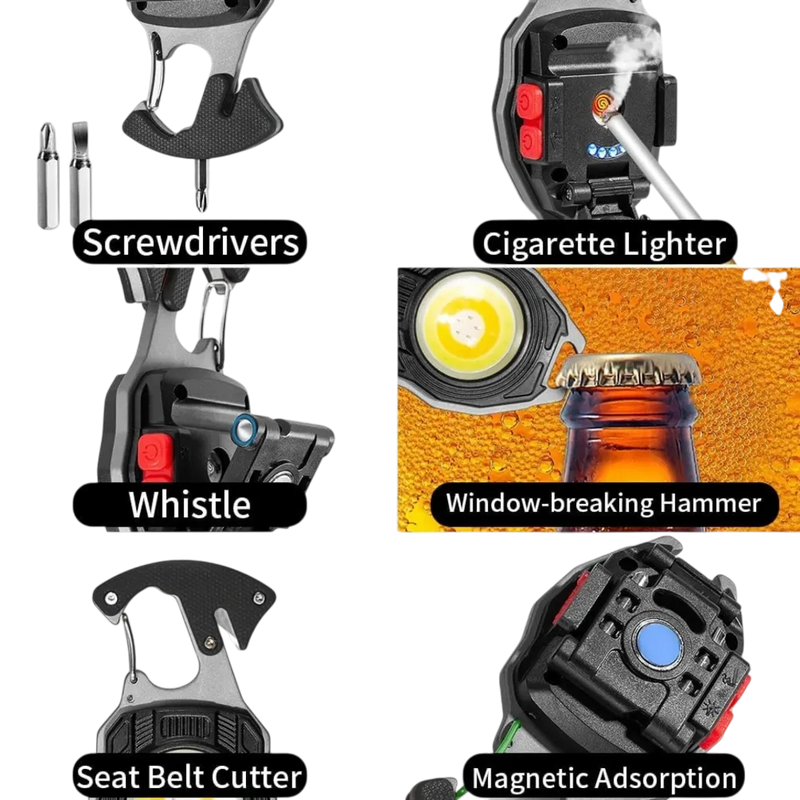 Close-up of the window breaker hammer, safety whistle, and screwdriver bits on a tactical keychain flashlight at spotngrab Lebanon